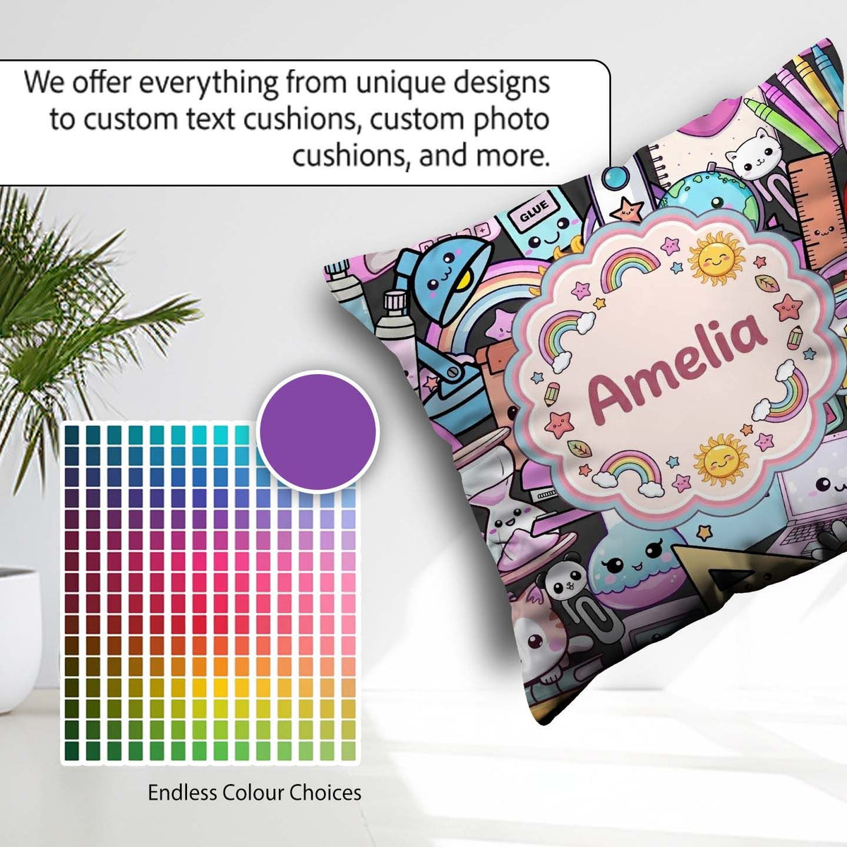 Custom Name Cute Kawaii Supplies Rainbow Sun Globe Notebook Grey Square Filled Cushion Throw Pillow Sofa Bed Home Decor Zip Washable UK Made