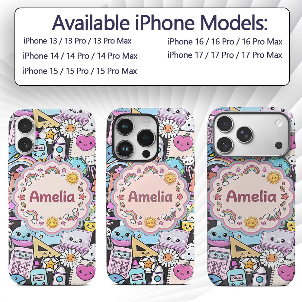 Cute Kawaii School Supplies Rainbow Sun Globe Custom Name Protective Phone Case Mobile Cover Durable Everyday Smartphone Shock Resistant