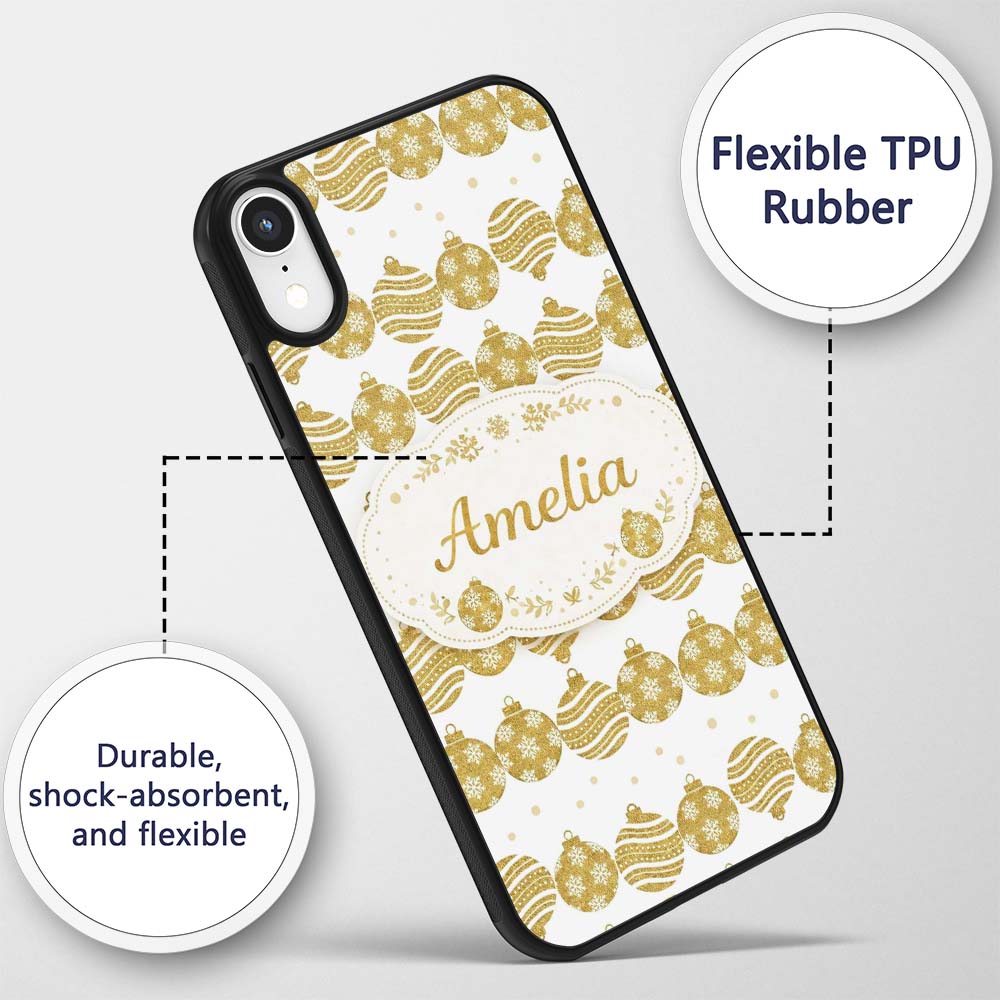 Gold Christmas Baubles Glitter Festive Seamless Custom Name Protective Phone Case Mobile Cover Durable Everyday Smartphone Shock Resistant