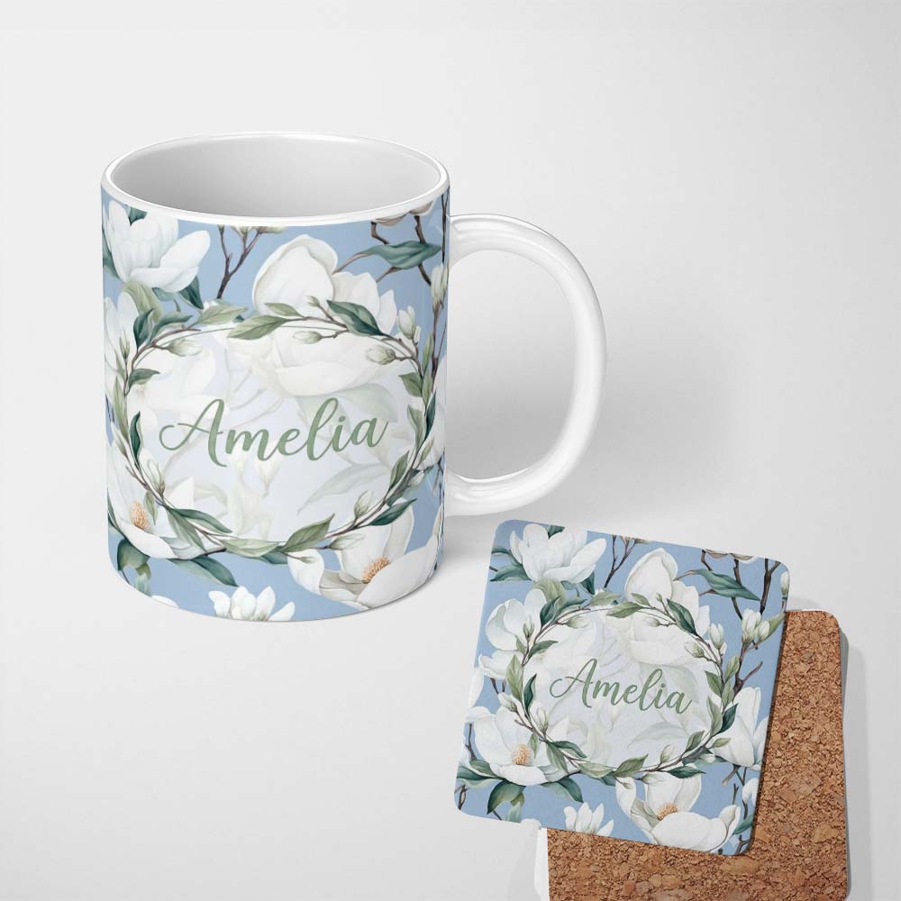 Personalized Custom Name Soft White Magnolia Blossoms on Blue Background Seamless Pattern 11oz Ceramic Coffee Tea Mug White Large Handle