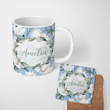 Personalized Custom Name Soft White Magnolia Blossoms on Blue Background Seamless Pattern 11oz Ceramic Coffee Tea Mug White Large Handle