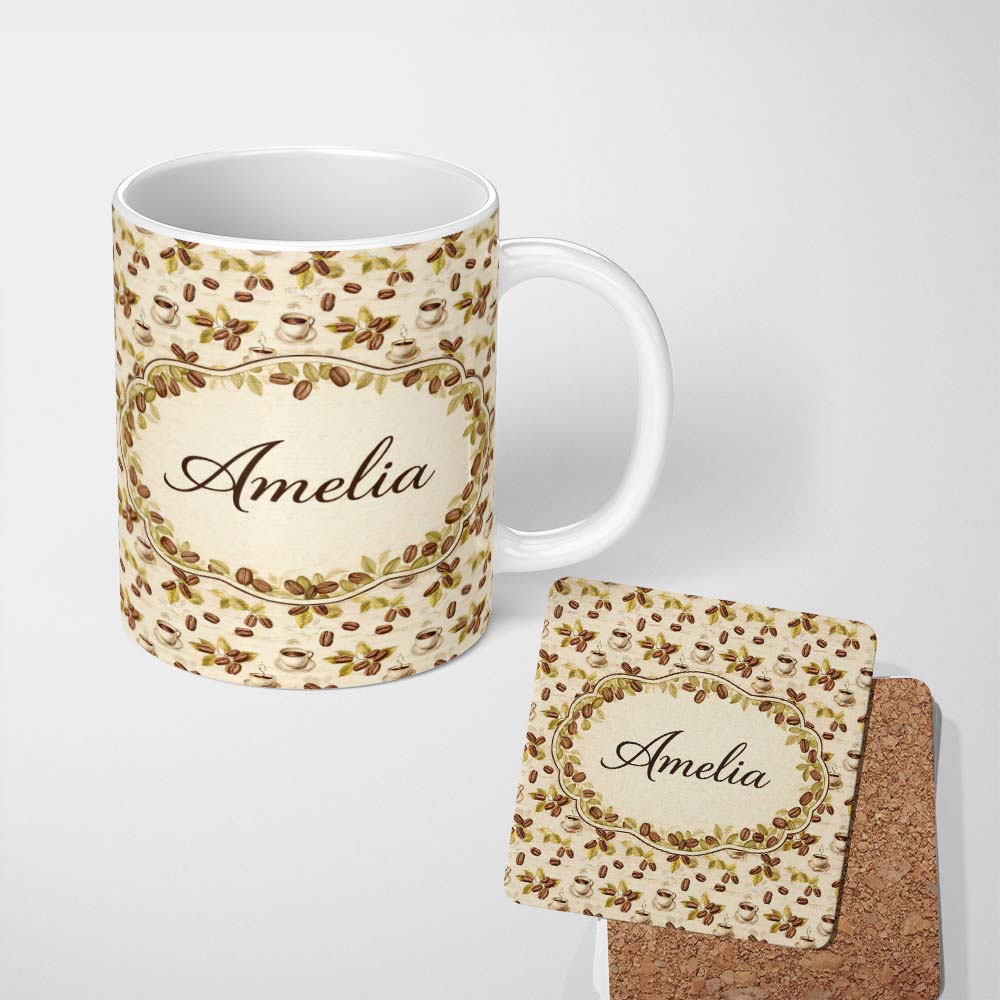 Personalized Custom Name Coffee Cup Beans and Botanical Leaves Seamless Pattern Lovely 11oz Ceramic Coffee Tea Mug White Large Handle
