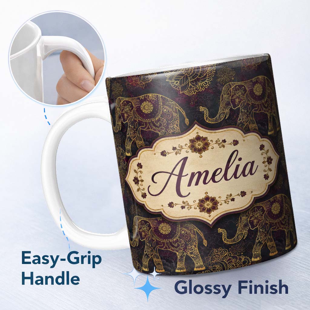 Personalized Custom Name Elegant Gold Line Elephant and Paisley Seamless Pattern Lovely 11oz Ceramic Coffee Tea Mug White Large Handle