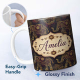 Personalized Custom Name Elegant Gold Line Elephant and Paisley Seamless Pattern Lovely 11oz Ceramic Coffee Tea Mug White Large Handle