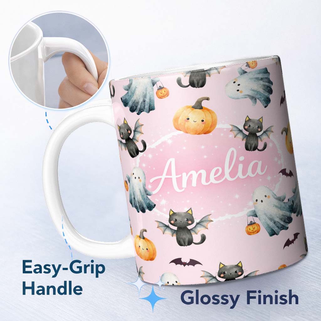 Personalized Custom Name Halloween Ghost Pumpkin Cat Seamless Pattern Pink Cute Spooky Design 11oz Ceramic Coffee Tea Mug White Large Handle