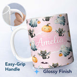 Personalized Custom Name Halloween Ghost Pumpkin Cat Seamless Pattern Pink Cute Spooky Design 11oz Ceramic Coffee Tea Mug White Large Handle