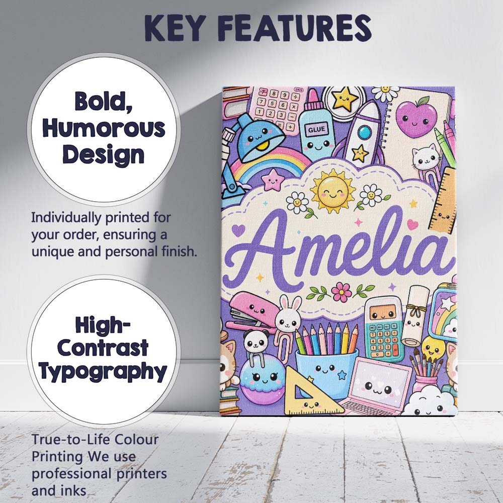 Personalised Name Cute Kawaii School Custom Premium Decorative Design Modern Room Accent Canvas Wall Art Print Decor Picture Ready to Hang