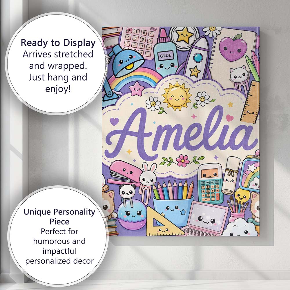 Personalised Name Cute Kawaii School Custom Premium Decorative Design Modern Room Accent Canvas Wall Art Print Decor Picture Ready to Hang