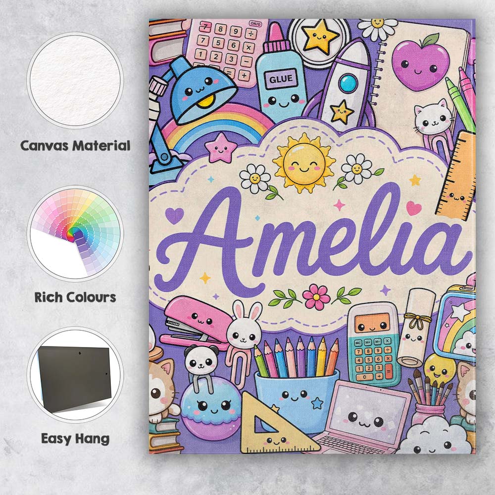 Personalised Name Cute Kawaii School Custom Premium Decorative Design Modern Room Accent Canvas Wall Art Print Decor Picture Ready to Hang