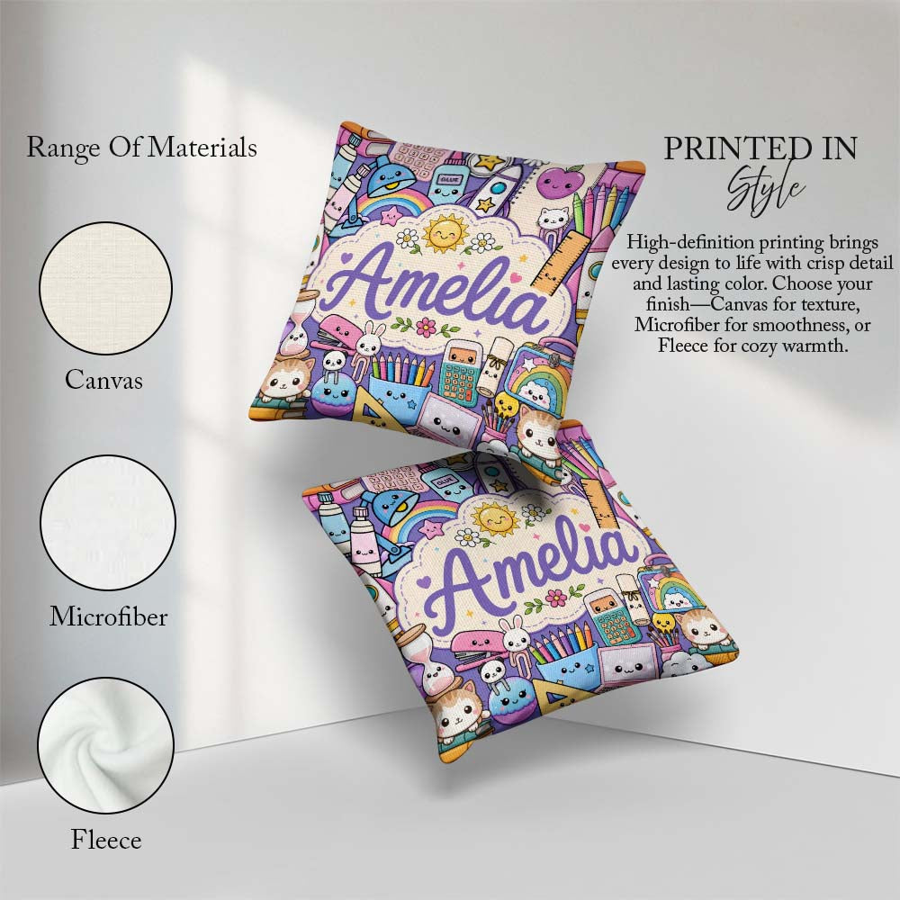 Custom Name Cute Kawaii School Supplies Rainbow Sun Globe Purple Square Filled Cushion Throw Pillow Sofa Bed Home Decor Zip Washable UK Made