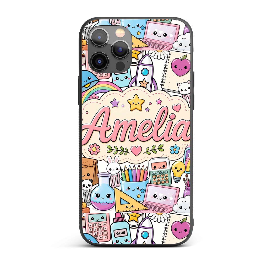Cute Kawaii School Supplies Rainbow Sun Globe Custom Name Protective Phone Case Mobile Cover Durable Everyday Smartphone Shock Resistant