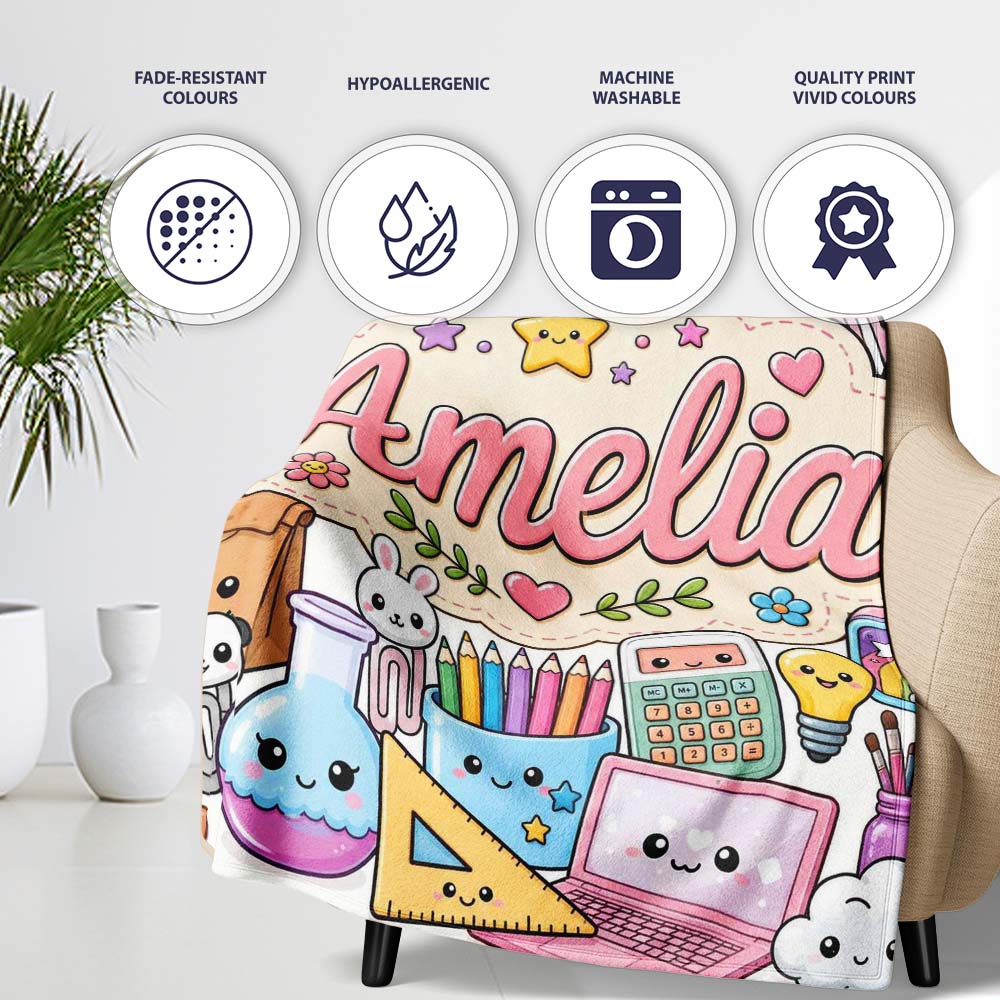 Cute Kawaii School Supplies Rainbow Sun Globe Notebook White Lovely  Personalised Custom Name Super Soft Fleece Blanket Bed Sofa Throw