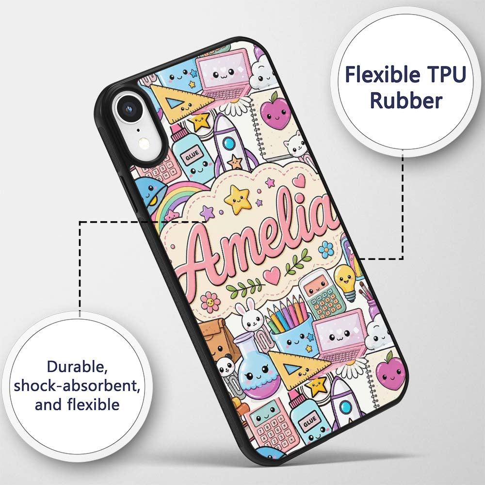 Cute Kawaii School Supplies Rainbow Sun Globe Custom Name Protective Phone Case Mobile Cover Durable Everyday Smartphone Shock Resistant