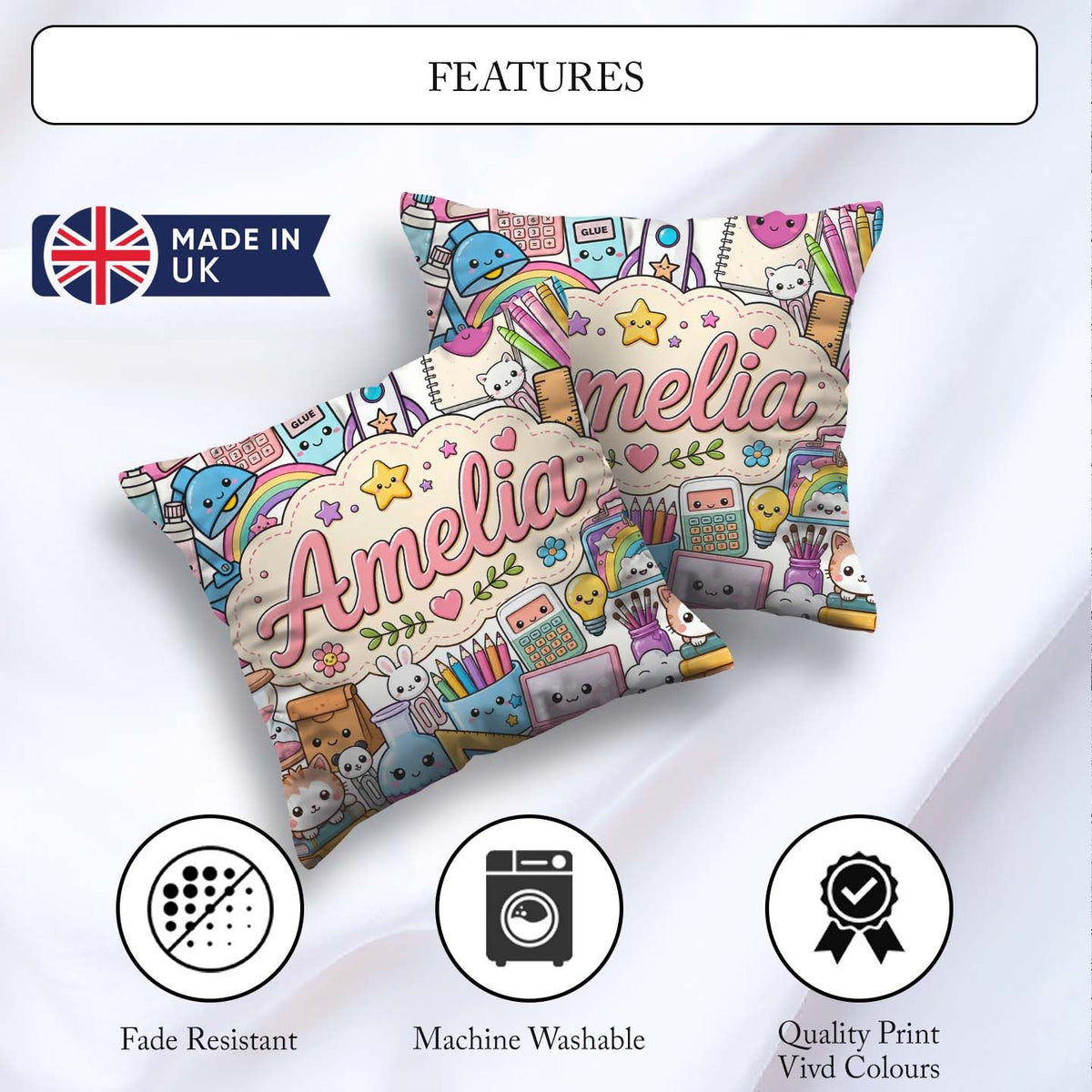 Custom Name Cute Kawaii School Supplies Sun Globe Notebook White Square Filled Cushion Throw Pillow Sofa Bed Home Decor Zip Washable UK Made