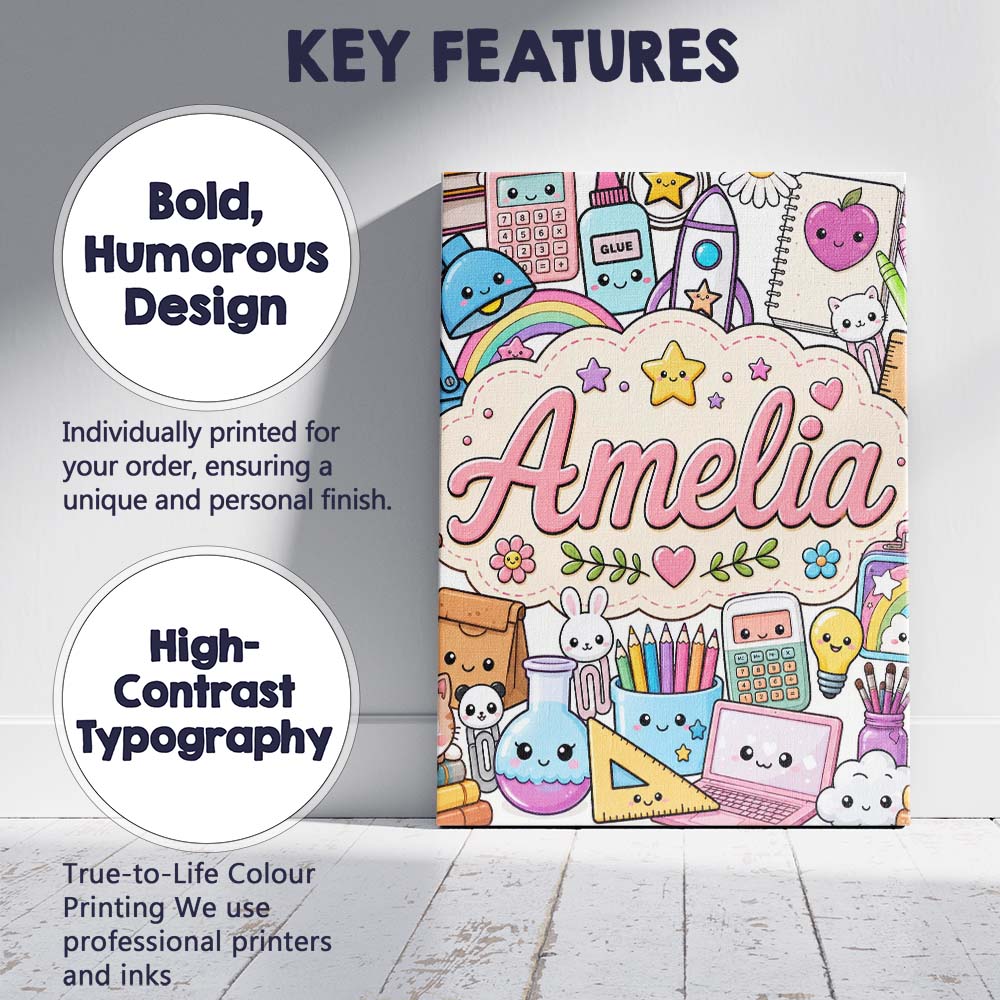 Personalised Name Cute Kawaii School Custom Premium Decorative Design Modern Room Accent Canvas Wall Art Print Decor Picture Ready to Hang
