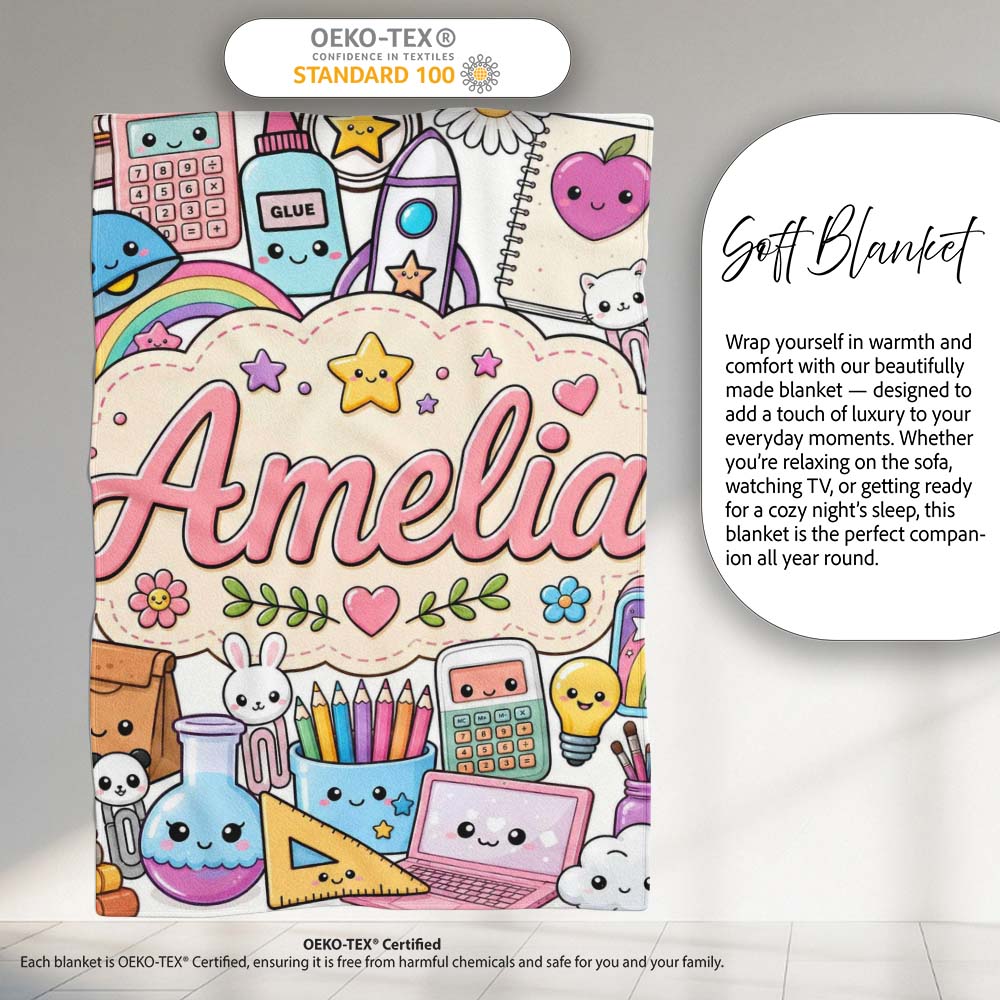 Cute Kawaii School Supplies Rainbow Sun Globe Notebook White Lovely  Personalised Custom Name Super Soft Fleece Blanket Bed Sofa Throw