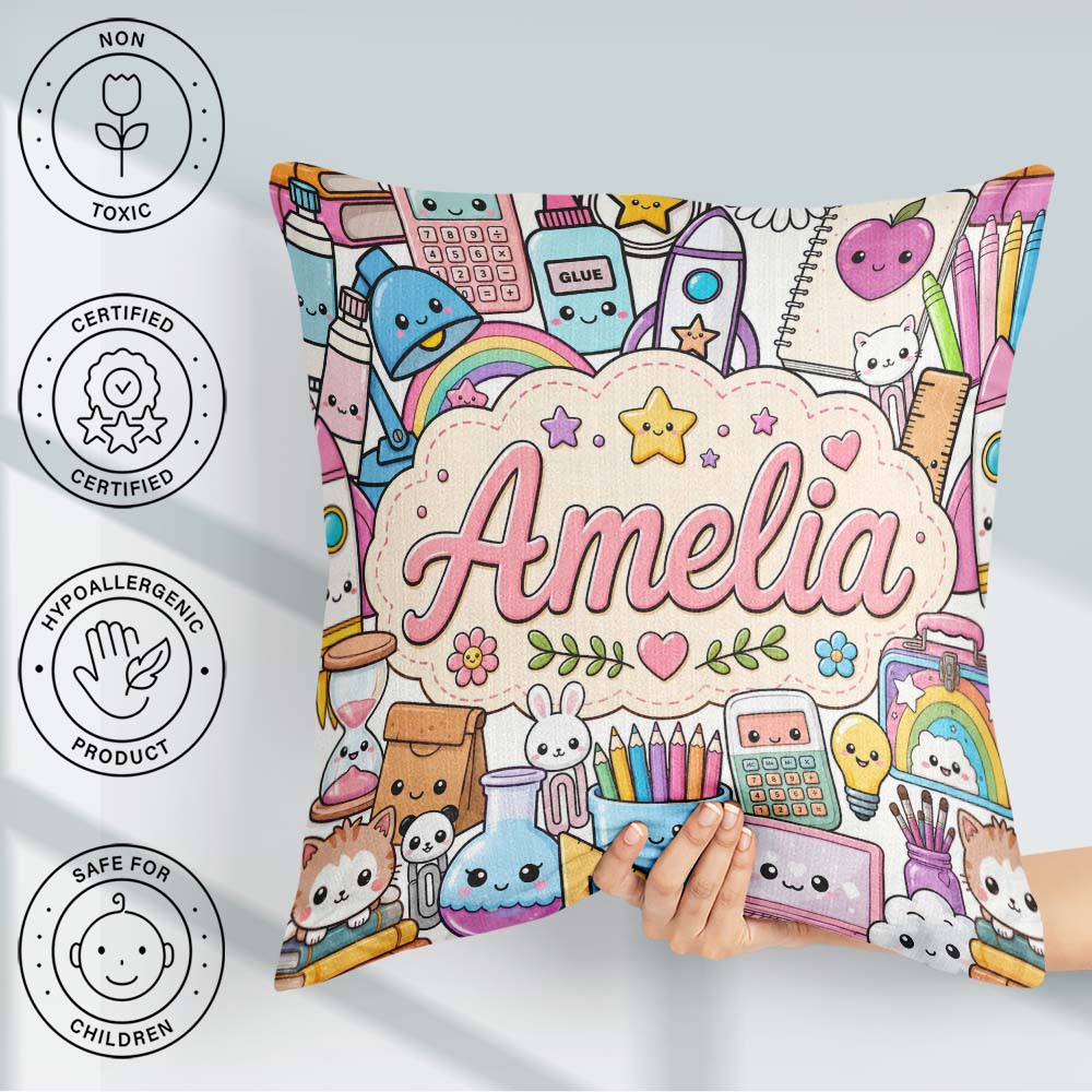 Custom Name Cute Kawaii School Supplies Sun Globe Notebook White Square Filled Cushion Throw Pillow Sofa Bed Home Decor Zip Washable UK Made