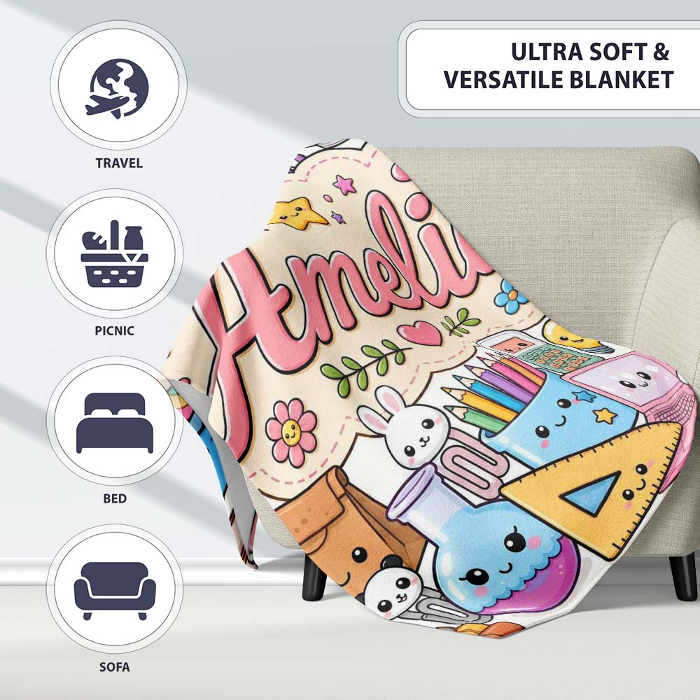 Cute Kawaii School Supplies Rainbow Sun Globe Notebook White Lovely  Personalised Custom Name Super Soft Fleece Blanket Bed Sofa Throw