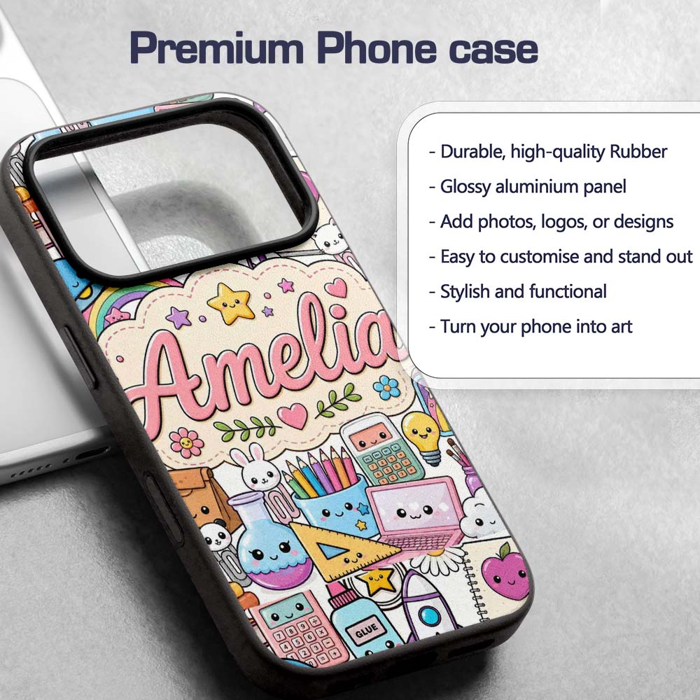 Cute Kawaii School Supplies Rainbow Sun Globe Custom Name Protective Phone Case Mobile Cover Durable Everyday Smartphone Shock Resistant