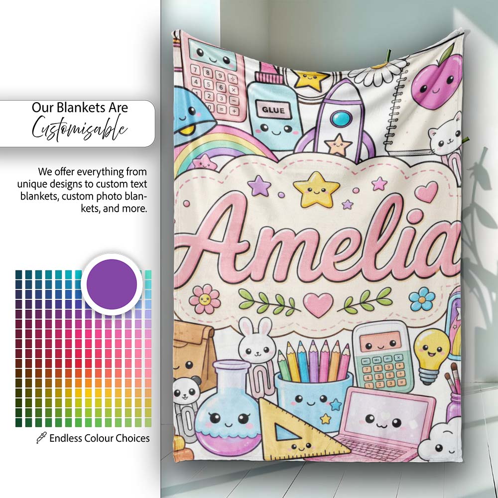 Cute Kawaii School Supplies Rainbow Sun Globe Notebook White Lovely  Personalised Custom Name Super Soft Fleece Blanket Bed Sofa Throw