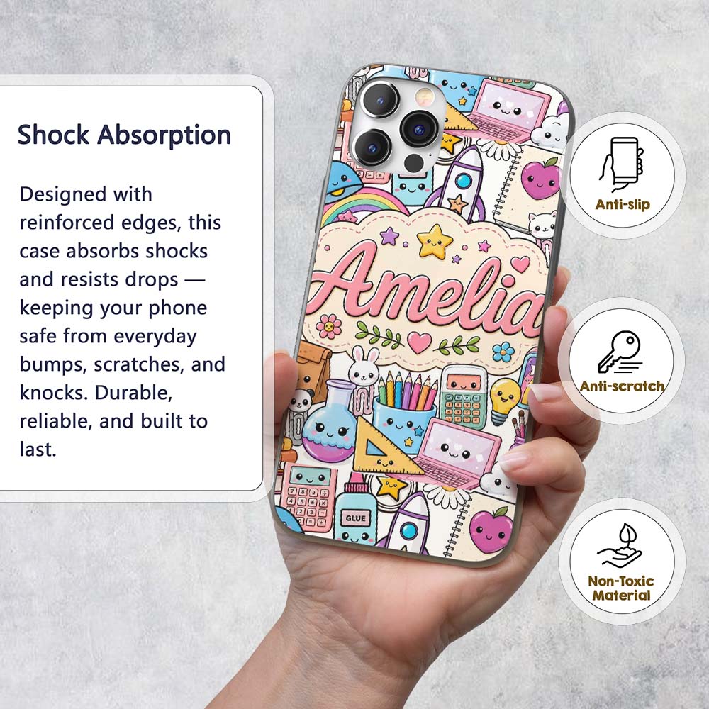 Cute Kawaii School Supplies Rainbow Sun Globe Custom Name Protective Phone Case Mobile Cover Durable Everyday Smartphone Shock Resistant