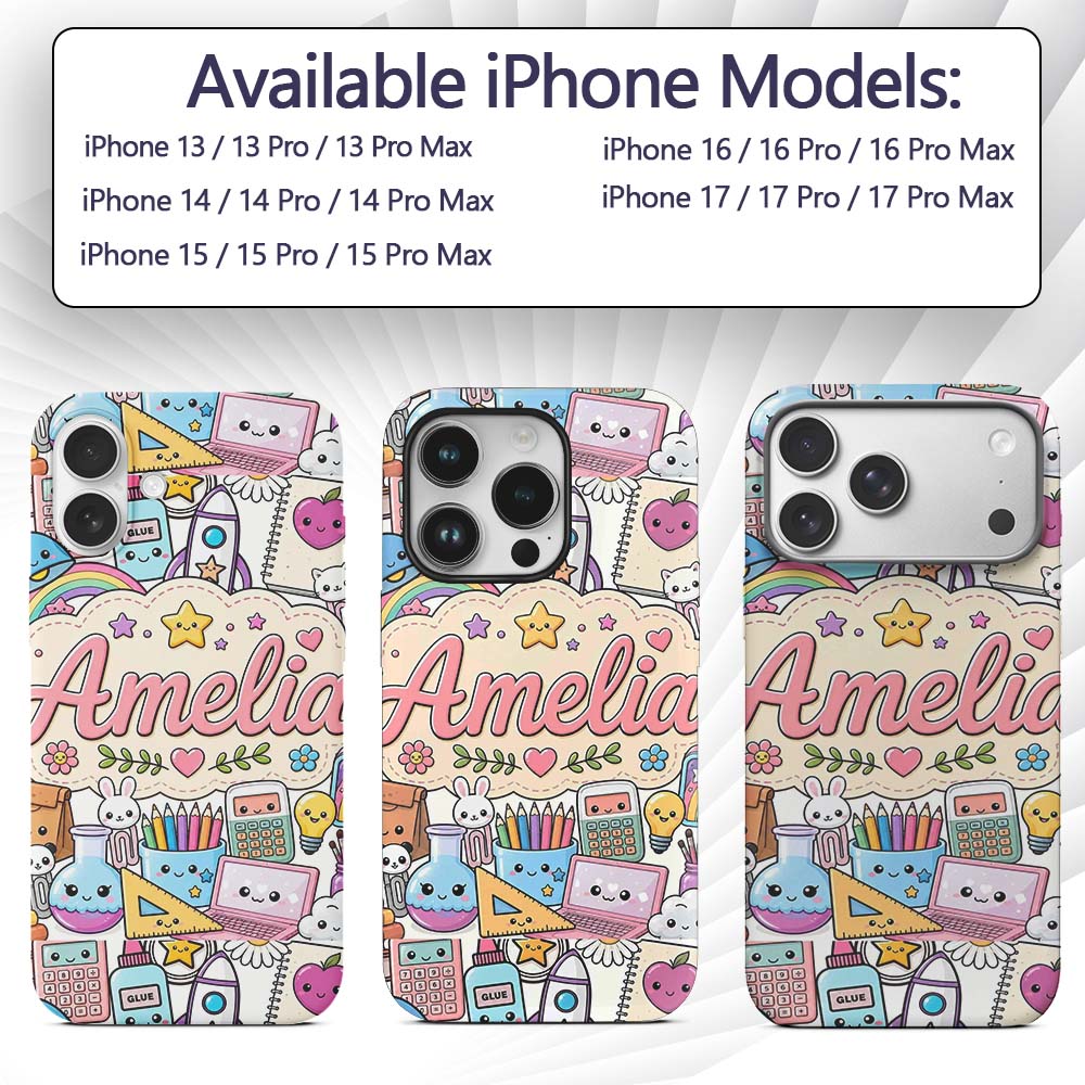 Cute Kawaii School Supplies Rainbow Sun Globe Custom Name Protective Phone Case Mobile Cover Durable Everyday Smartphone Shock Resistant