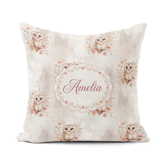 Custom Name Cute Owl Floral Pastel Nursery Seamless Pattern for Square Filled Cushion Throw Pillow Sofa Bed Home Decor Zip Washable UK Made