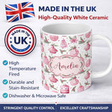 Personalized Custom Name Watercolor Pink Christmas Ornaments Pine Berries Seamless Pattern 11oz Ceramic Coffee Tea Mug White Large Handle
