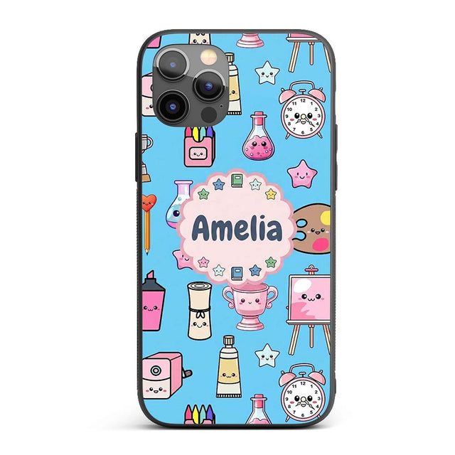 Cute Kawaii Graduate Boy Science Art Supplies Custom Name Protective Phone Case Mobile Cover Durable Everyday Smartphone Shock Resistant