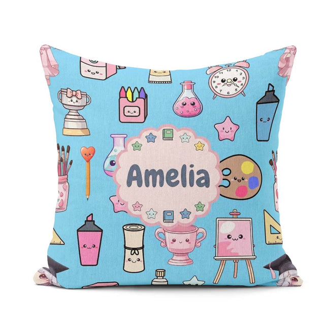 Custom Name Cute Graduate Boy Science Art Supplies Seamless Blue Square Filled Cushion Throw Pillow Sofa Bed Home Decor Zip Washable UK Made