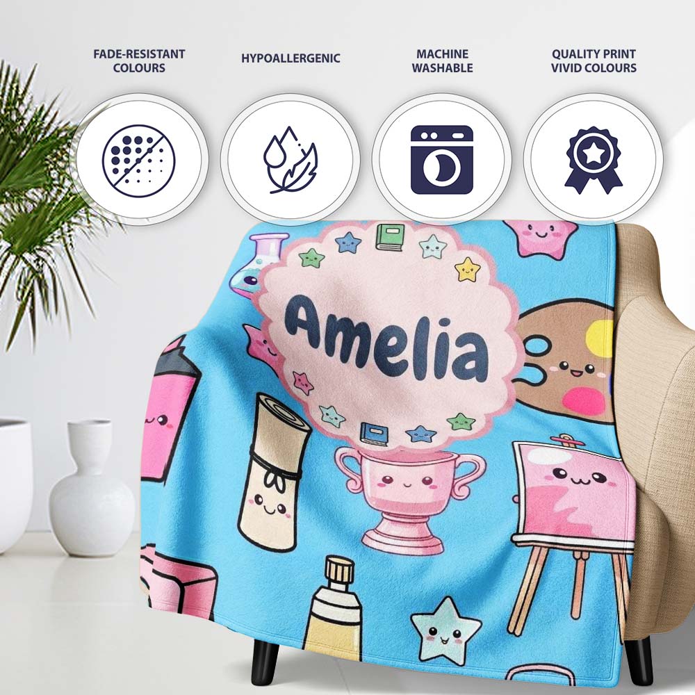 Cute Kawaii Graduate Boy Science Art Supplies Seamless Pattern Blue  Personalised Custom Name Super Soft Fleece Blanket Bed Sofa Throw