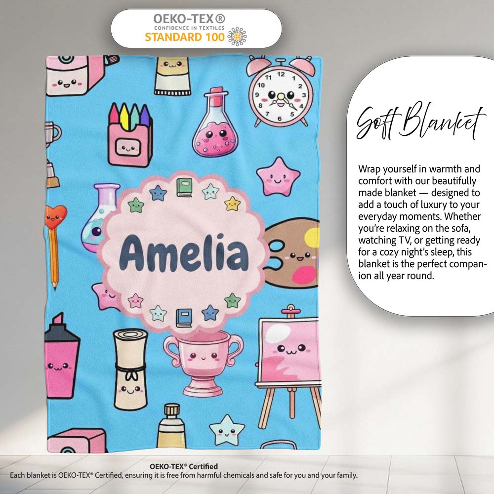 Cute Kawaii Graduate Boy Science Art Supplies Seamless Pattern Blue  Personalised Custom Name Super Soft Fleece Blanket Bed Sofa Throw