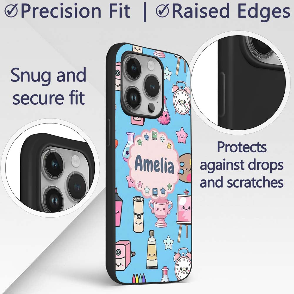 Cute Kawaii Graduate Boy Science Art Supplies Custom Name Protective Phone Case Mobile Cover Durable Everyday Smartphone Shock Resistant
