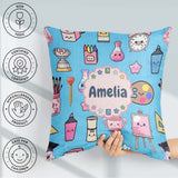 Custom Name Cute Graduate Boy Science Art Supplies Seamless Blue Square Filled Cushion Throw Pillow Sofa Bed Home Decor Zip Washable UK Made