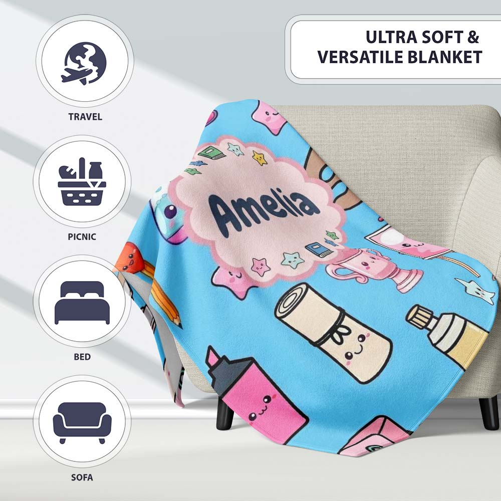 Cute Kawaii Graduate Boy Science Art Supplies Seamless Pattern Blue  Personalised Custom Name Super Soft Fleece Blanket Bed Sofa Throw
