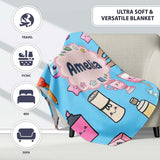 Cute Kawaii Graduate Boy Science Art Supplies Seamless Pattern Blue  Personalised Custom Name Super Soft Fleece Blanket Bed Sofa Throw