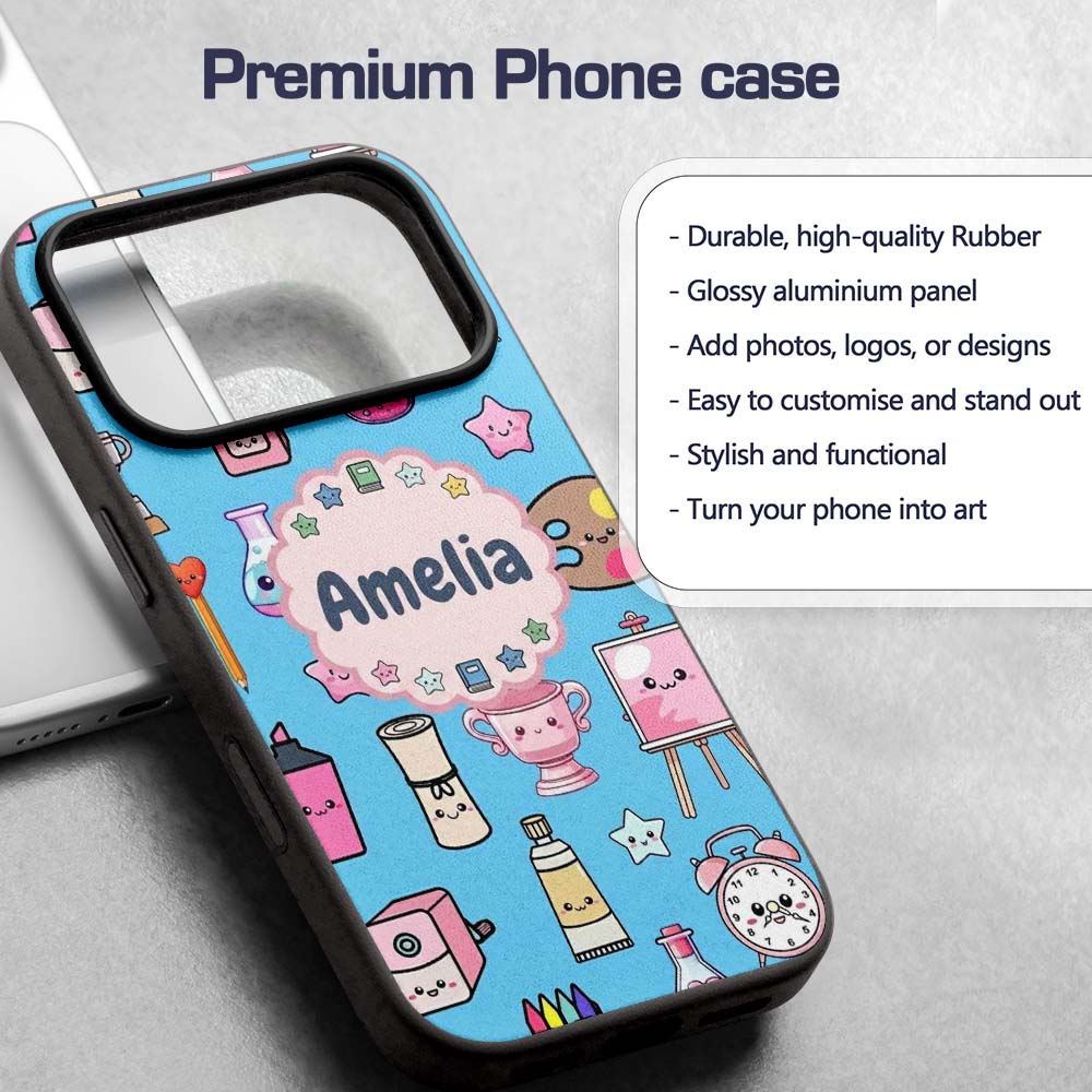 Cute Kawaii Graduate Boy Science Art Supplies Custom Name Protective Phone Case Mobile Cover Durable Everyday Smartphone Shock Resistant
