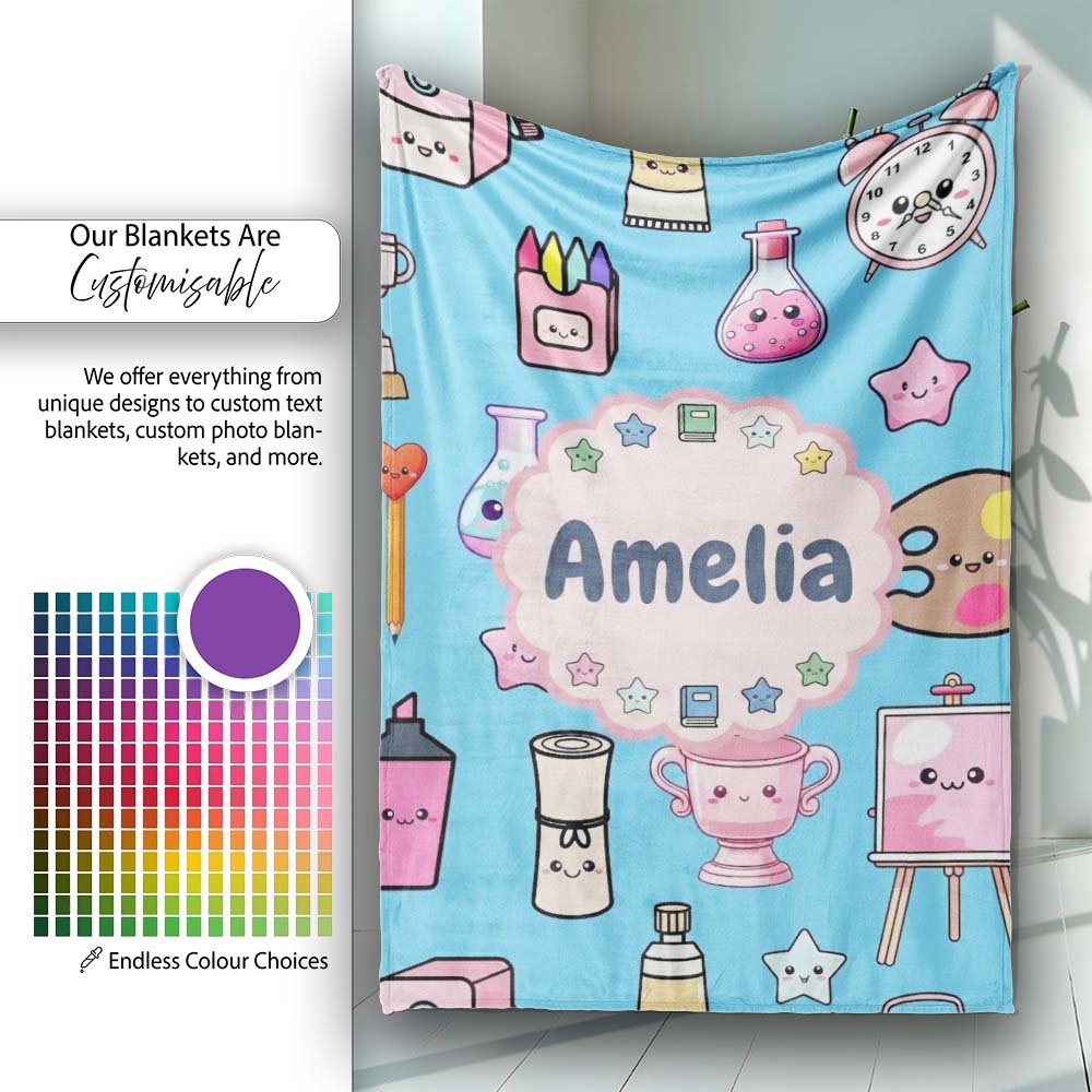 Cute Kawaii Graduate Boy Science Art Supplies Seamless Pattern Blue  Personalised Custom Name Super Soft Fleece Blanket Bed Sofa Throw