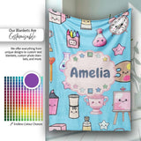 Cute Kawaii Graduate Boy Science Art Supplies Seamless Pattern Blue  Personalised Custom Name Super Soft Fleece Blanket Bed Sofa Throw