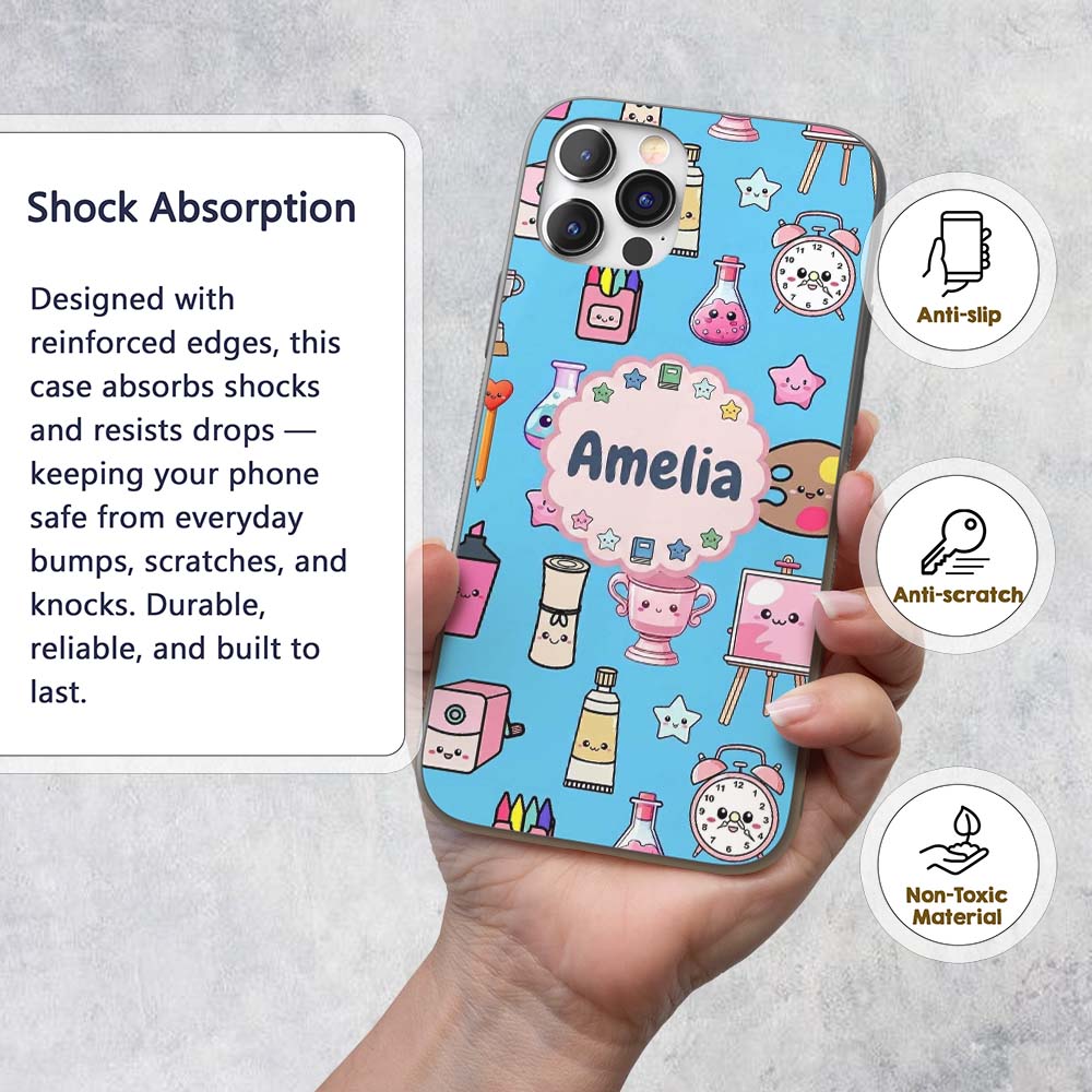 Cute Kawaii Graduate Boy Science Art Supplies Custom Name Protective Phone Case Mobile Cover Durable Everyday Smartphone Shock Resistant