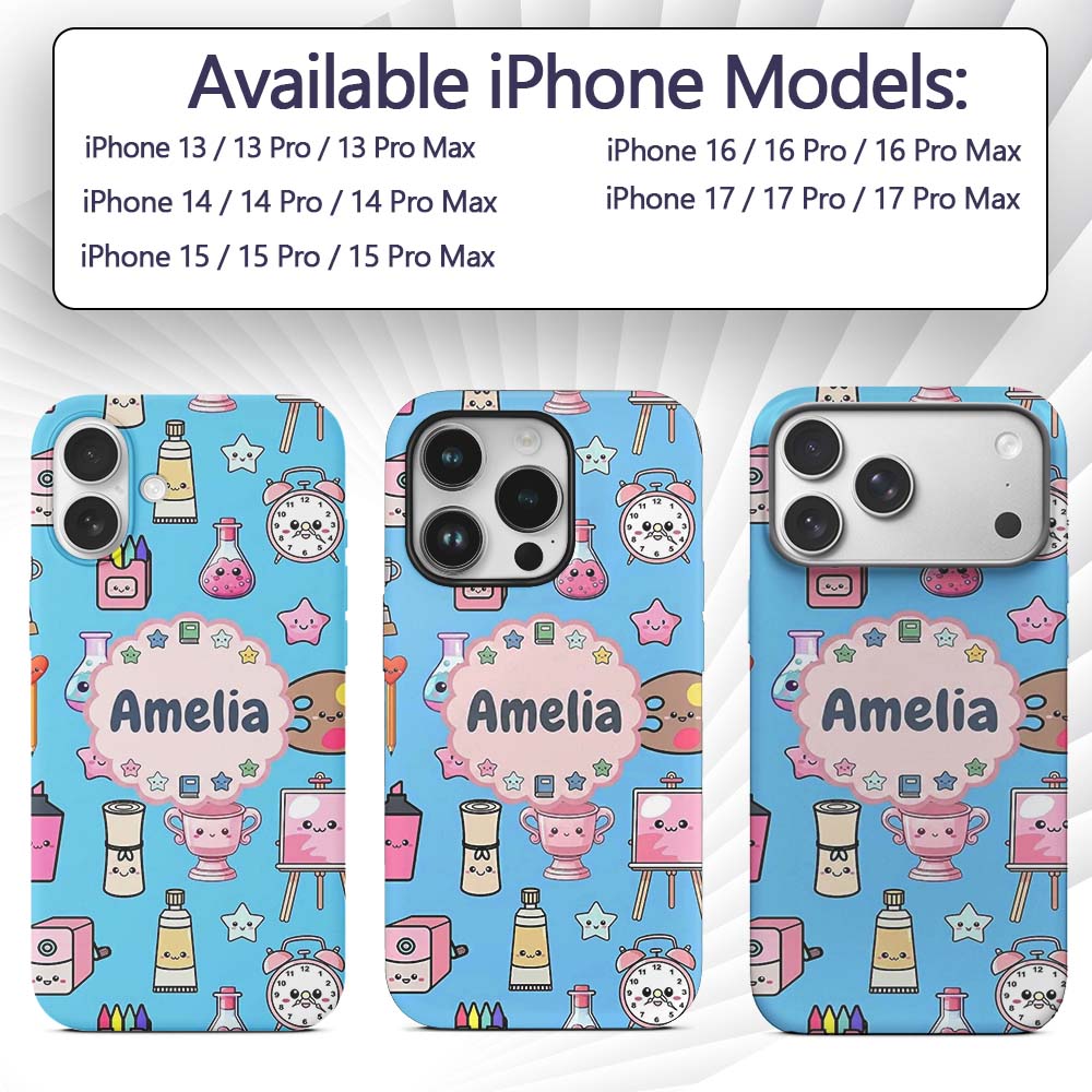 Cute Kawaii Graduate Boy Science Art Supplies Custom Name Protective Phone Case Mobile Cover Durable Everyday Smartphone Shock Resistant