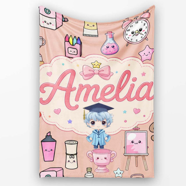 Cute Kawaii Graduate Boy Science Art Supplies Seamless Pattern Peach  Personalised Custom Name Super Soft Fleece Blanket Bed Sofa Throw