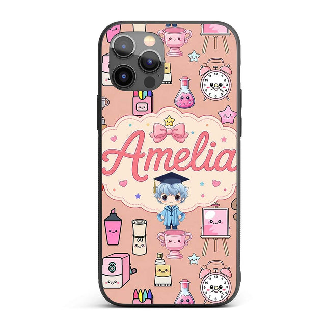 Cute Kawaii Graduate Boy Science Art Supplies Custom Name Protective Phone Case Mobile Cover Durable Everyday Smartphone Shock Resistant