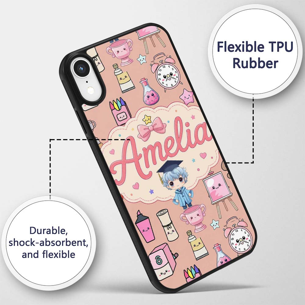 Cute Kawaii Graduate Boy Science Art Supplies Custom Name Protective Phone Case Mobile Cover Durable Everyday Smartphone Shock Resistant
