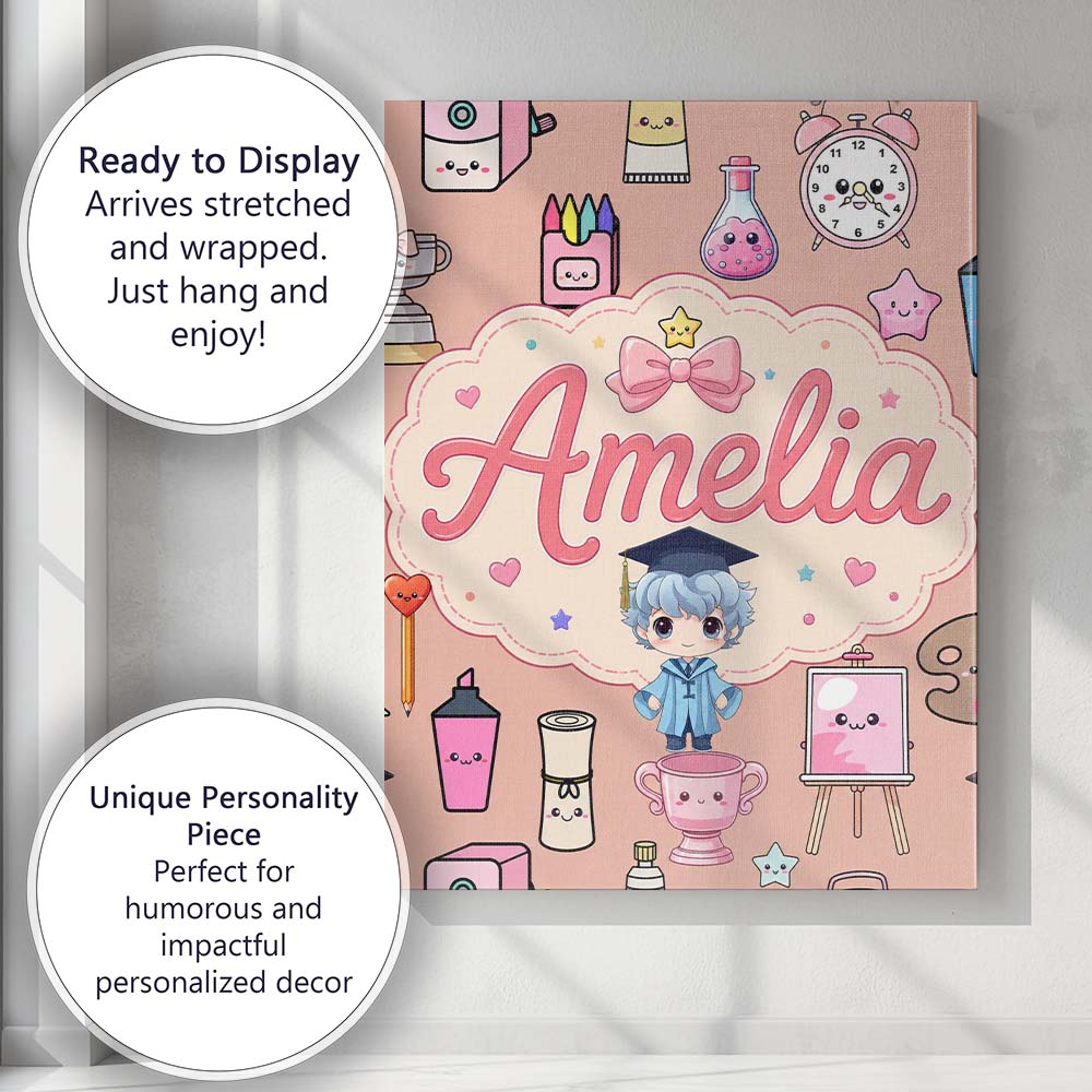 Personalised Name Cute Kawaii Graduate Boy Custom  Unique Gift Idea Elegant Feature Canvas Wall Art Print Decor Picture Ready to Hang