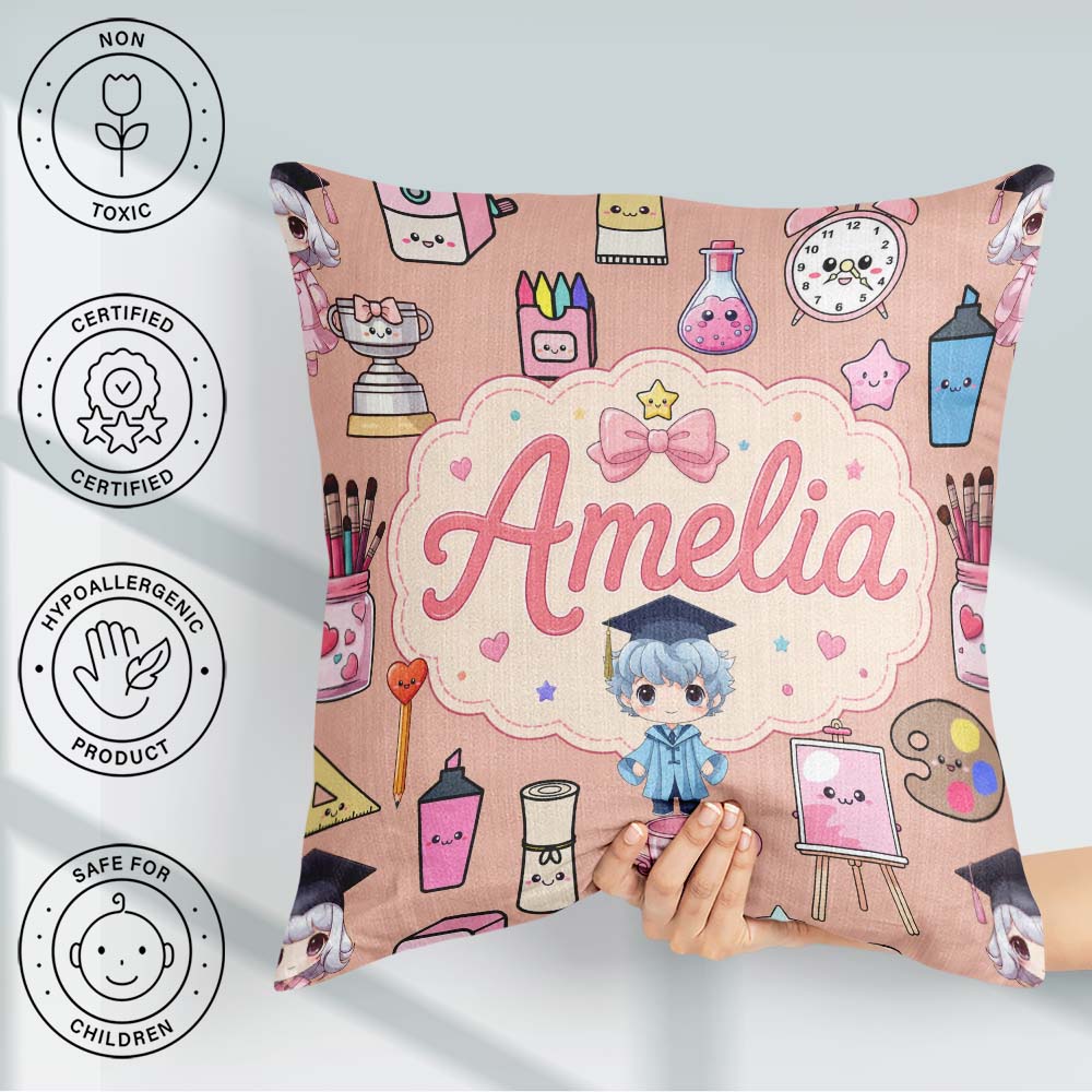 Custom Name Cute Kawaii Graduate Boy Art Supplies Seamless Peach Square Filled Cushion Throw Pillow Sofa Bed Home Decor Zip Washable UK Made