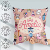 Custom Name Cute Kawaii Graduate Boy Art Supplies Seamless Peach Square Filled Cushion Throw Pillow Sofa Bed Home Decor Zip Washable UK Made