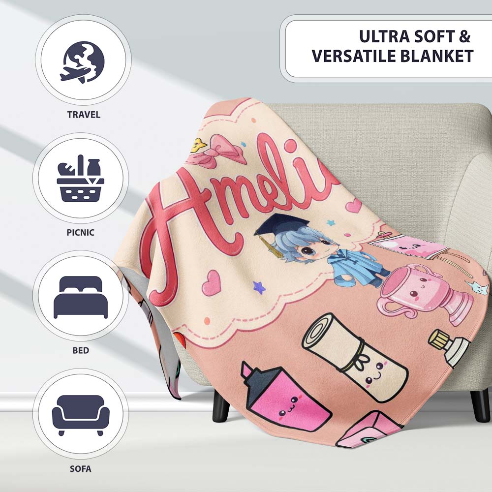 Cute Kawaii Graduate Boy Science Art Supplies Seamless Pattern Peach  Personalised Custom Name Super Soft Fleece Blanket Bed Sofa Throw