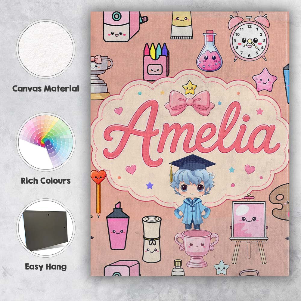 Personalised Name Cute Kawaii Graduate Boy Custom  Unique Gift Idea Elegant Feature Canvas Wall Art Print Decor Picture Ready to Hang