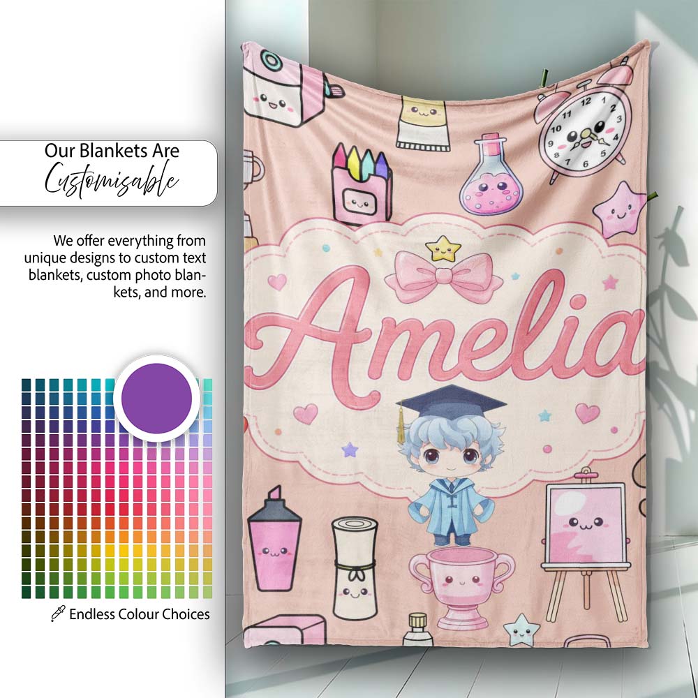 Cute Kawaii Graduate Boy Science Art Supplies Seamless Pattern Peach  Personalised Custom Name Super Soft Fleece Blanket Bed Sofa Throw